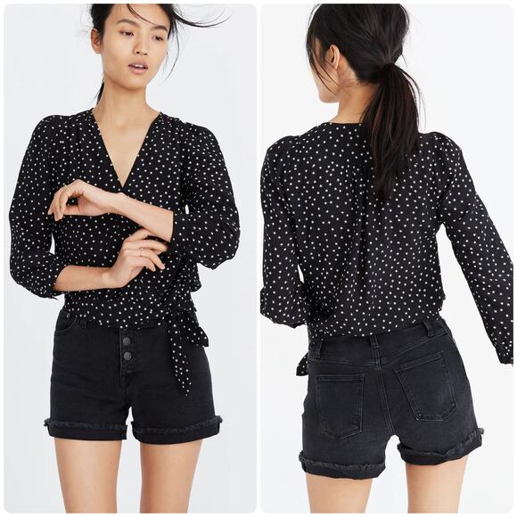 Madewell Womens Star Scatter Print 100% Silk Wrap 3/4 Sleeve Blouse Size S Black - Picture 1 of 9